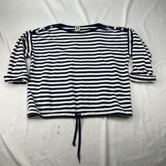 Anne Klein Tops - Anne Klein Nautical Boat Neck Striped Navy Blue White Drawstring Hem Sweatshirt